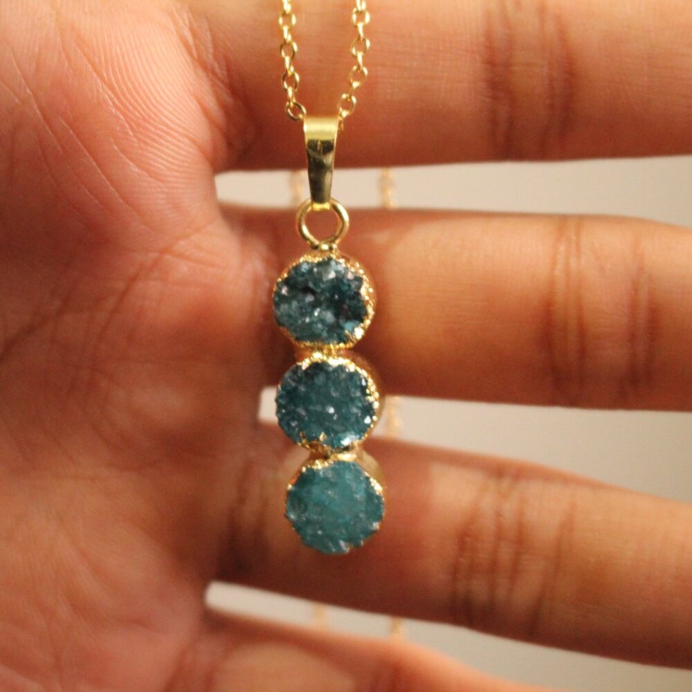 Triple Aqua Druzy Gemstone Pendant Necklace – Gold Trim Sparkling Statement Piec - Picture 5 of 5